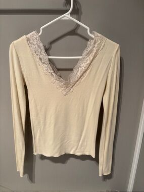 Garage Lace-Trim V-Neck Long Sleeve Top - Cream